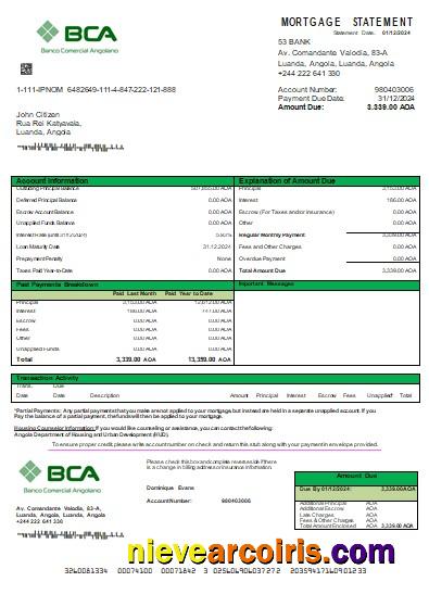 Angola Banco Comercial Angolano bank mortgage statement